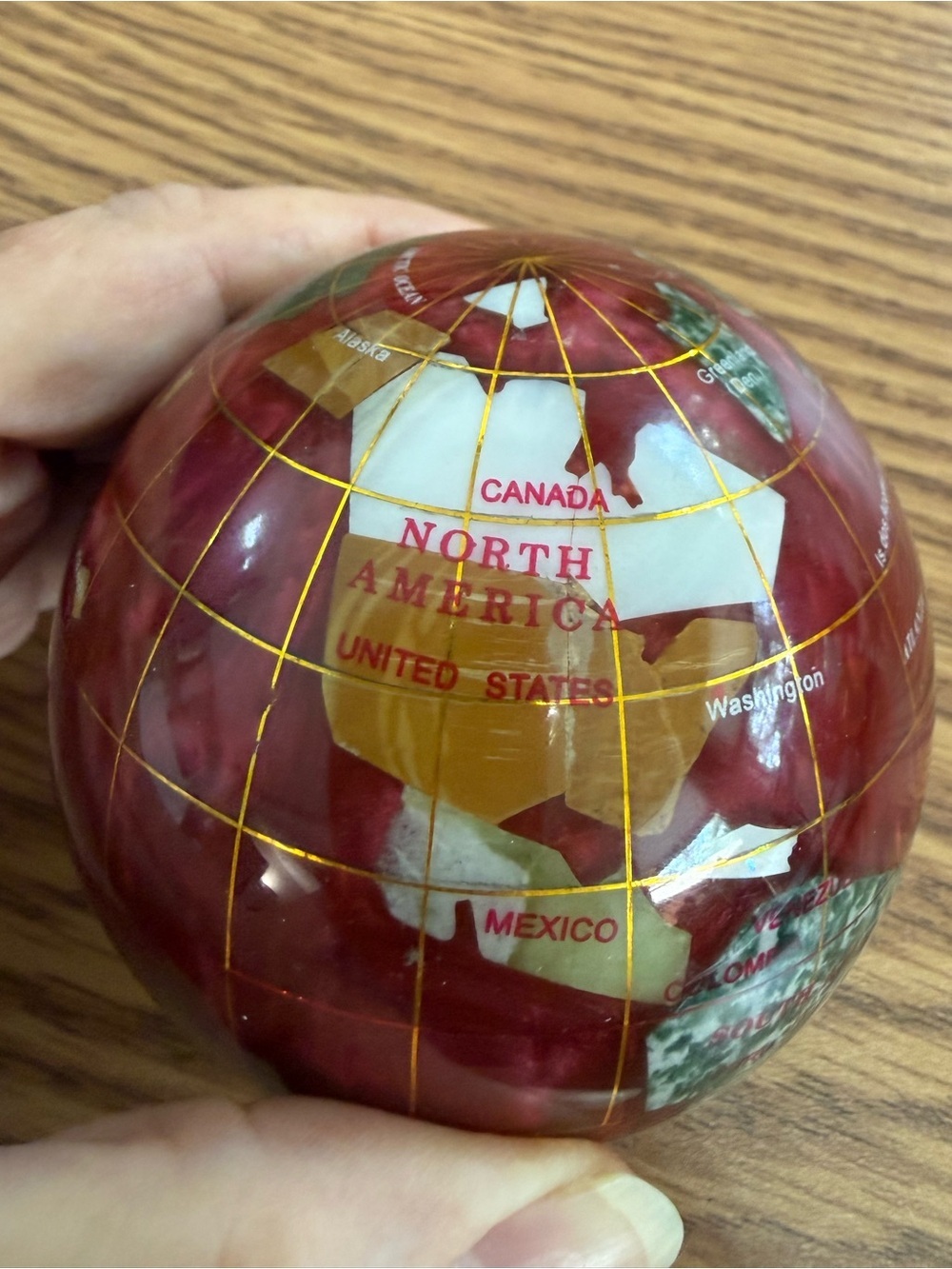 25 Gemstone Paperweight, Hand Carved Stone Continents on Ruby Red Globe & Gold
